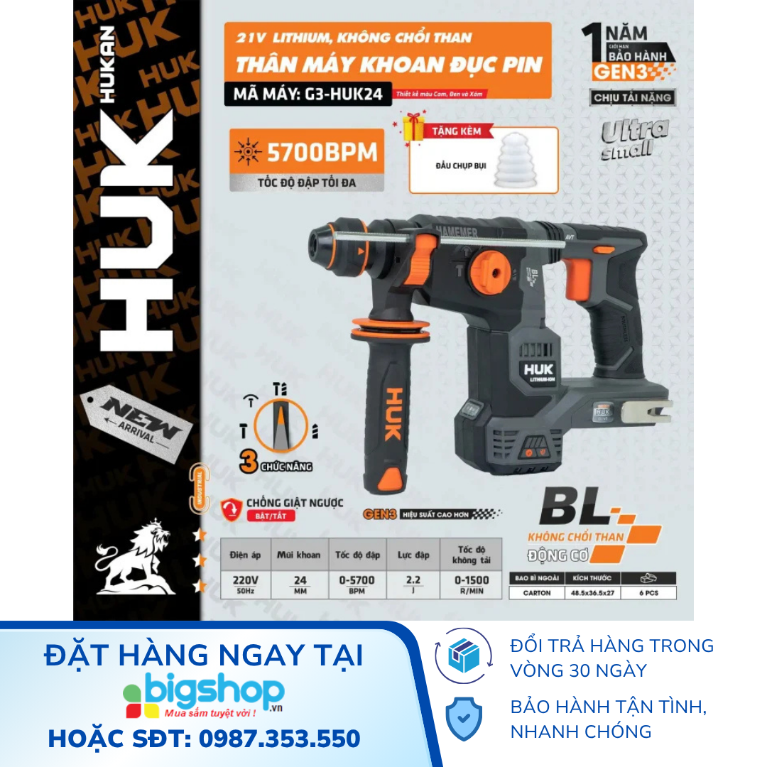Máy khoan đục dùng pin 21V HUKAN G3-HUK24 (GEN 3, 3 chức năng) - Thân máy
