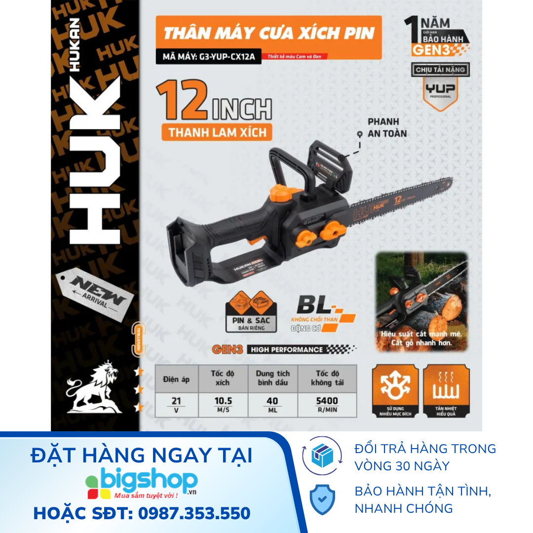 Máy cưa xích dùng pin 21V HUKAN G3-YUP-CX12A (GEN 3, 12 inch) - Thân máy