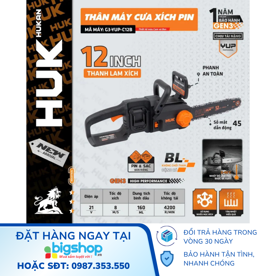 Máy cưa xích dùng pin 21V HUKAN G3-YUP-C12B (GEN 3, 12 inch) - Thân máy