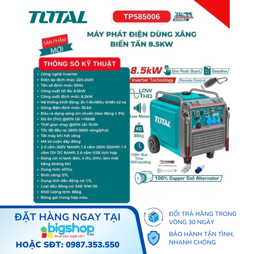 Tổ máy phát điện xăng biến tần 8.5kW TOTAL TP585006