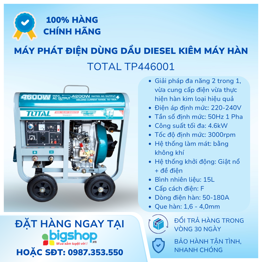 Máy phát điện dùng dầu diesel kiêm máy hàn 4.6kW/180A TOTAL TP446001