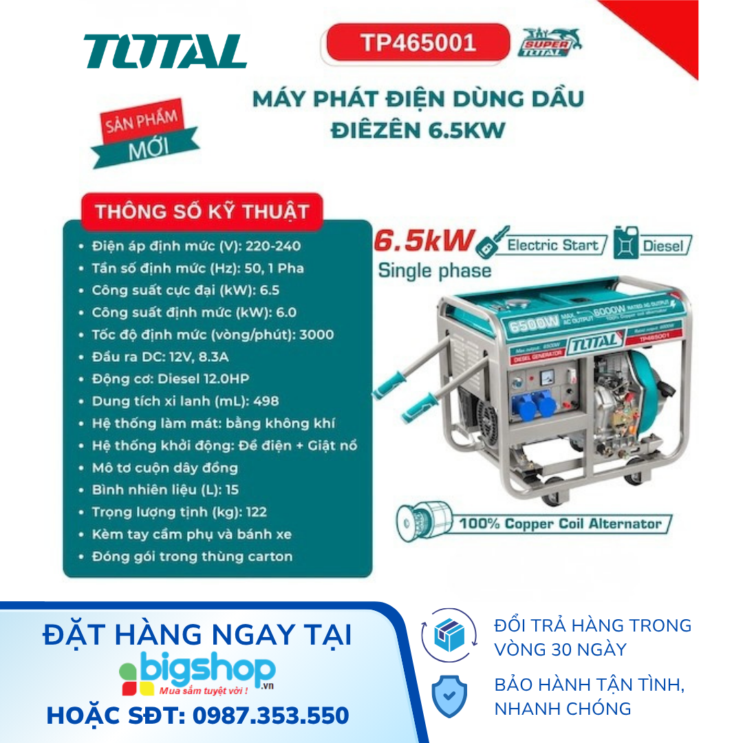 Tổ máy phát điện dùng dầu diesel 6.5kW TOTAL TP465001