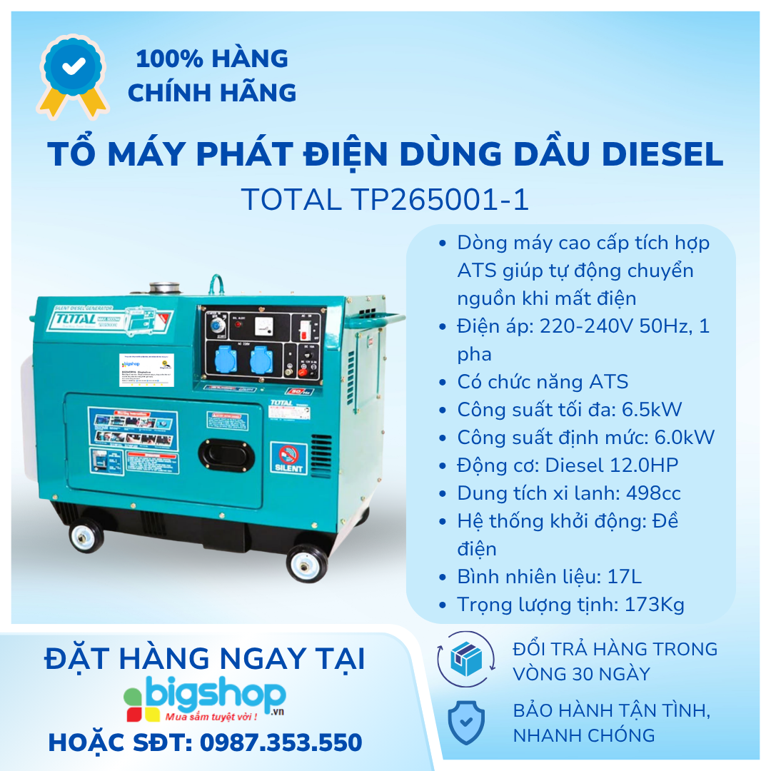 Tổ máy phát điện dùng dầu diesel 6.5kW TOTAL TP265001-1