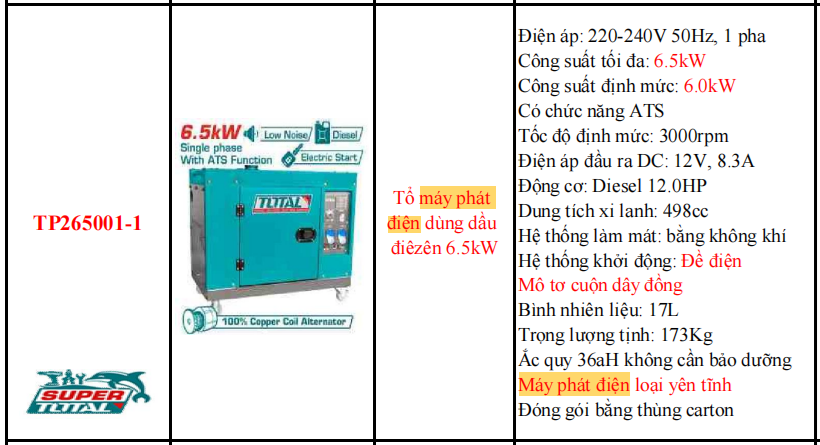 Tổ máy phát điện dùng dầu diesel 6.5kW TOTAL TP265001-1