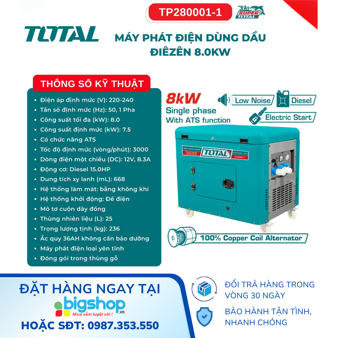 Tổ máy phát điện dùng dầu diesel 8.0kW TOTAL TP280001-1
