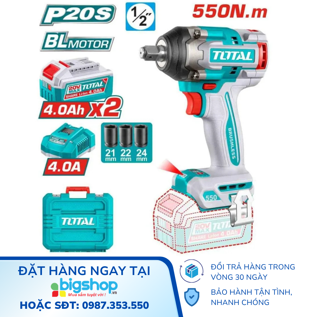 Máy siết bulong pin 20V TOTAL TIWLI2055 (2 Pin 4.0 Ah, 1 Sạc - 700N)