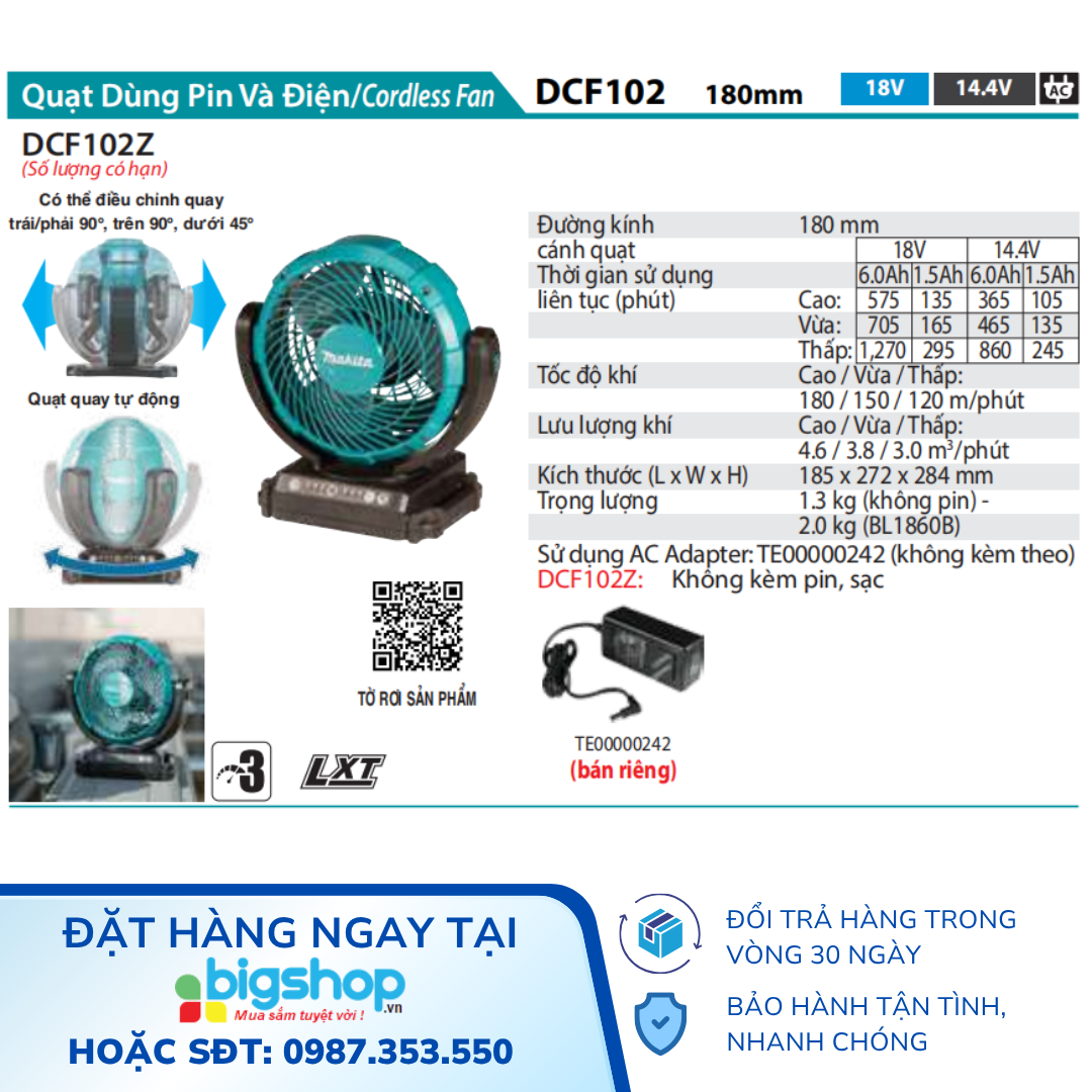 Quạt dùng pin Makita DCF102Z (18V, 180mm) - Chưa bao gồm pin, sạc