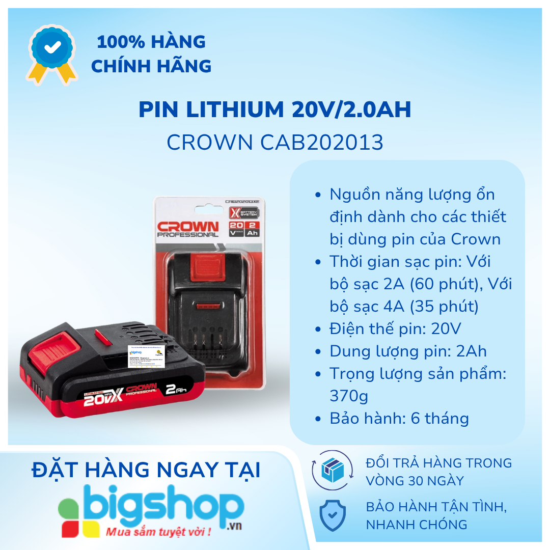 Pin Lithium 20V/2.0Ah Crown CAB202013