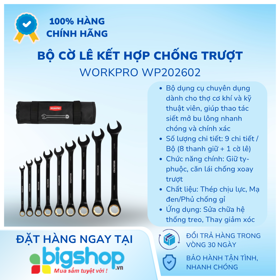 Bộ cờ lê kết hợp chống trượt 9 món Workpro WP202602