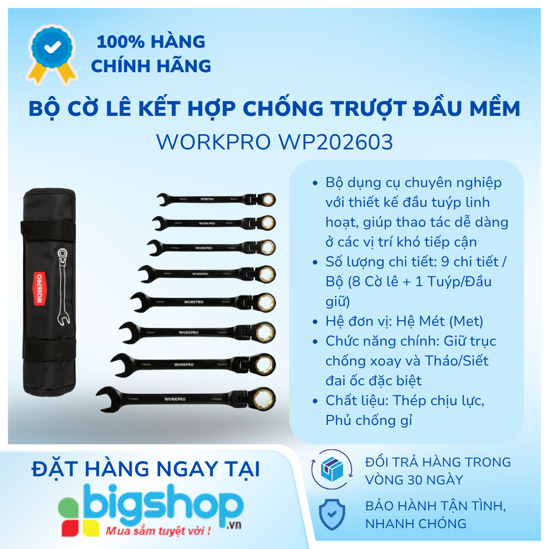 Bộ cờ lê kết hợp chống trượt đầu mềm 8 món Workpro WP202603