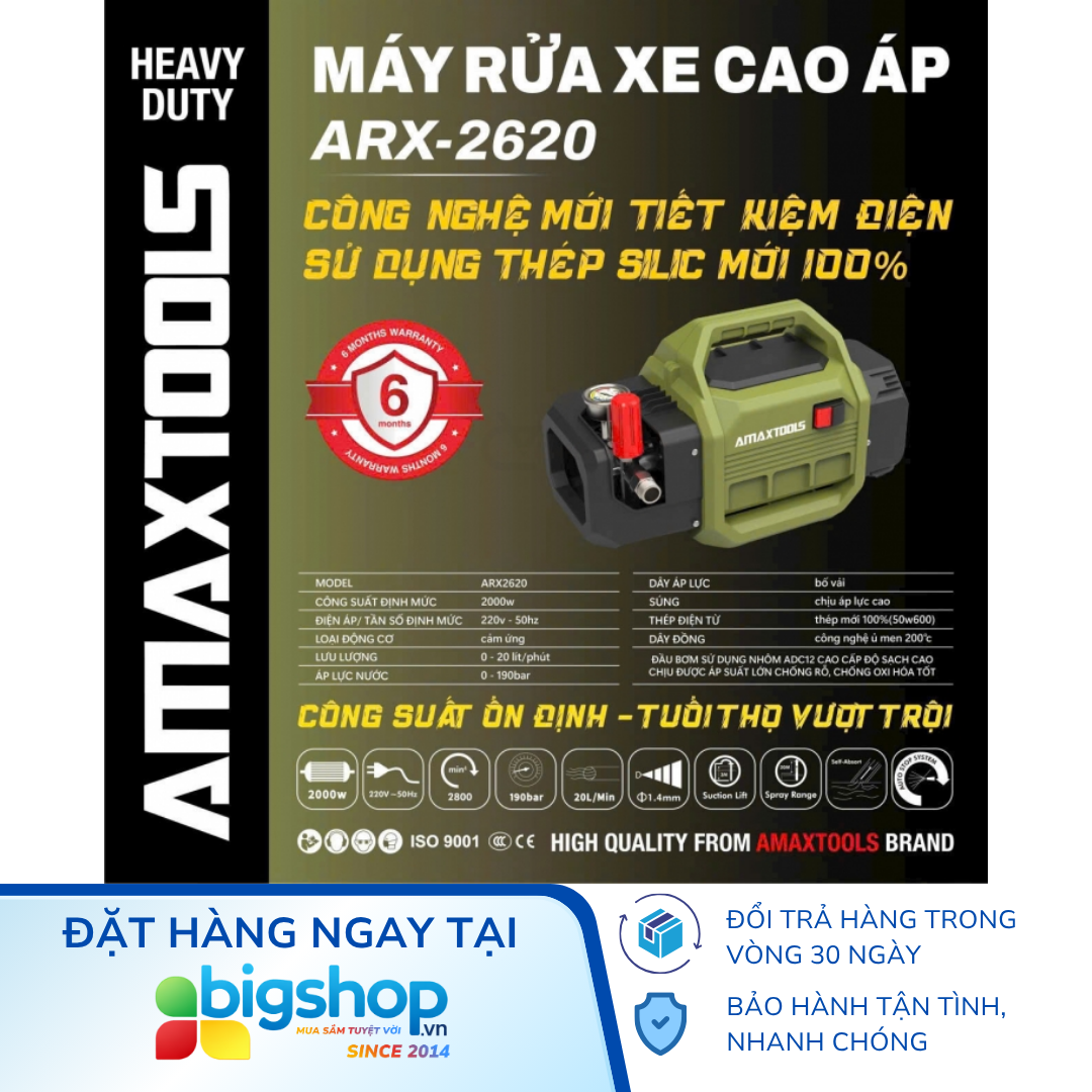 Máy rửa xe cao áp Amaxtools ARX-2620 (CS 2000W, áp lực 190bar)