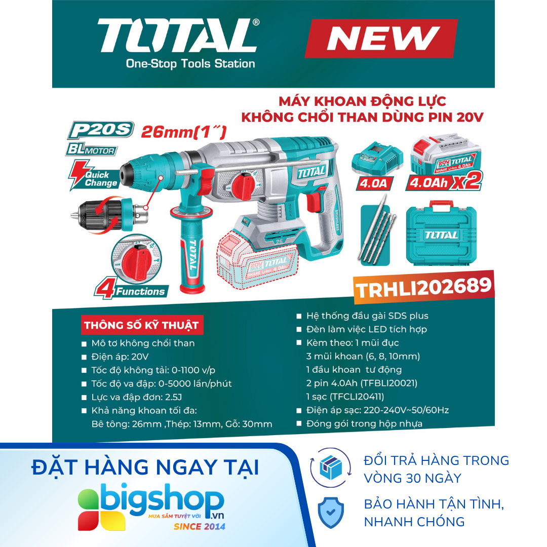 Máy khoan động lực dùng pin 20V TOTAL TRHLI202689