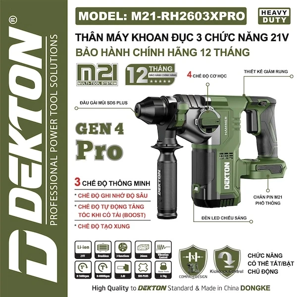 Máy khoan bê tông pin Dekton M21-RH2603XPRO (thân máy) 
