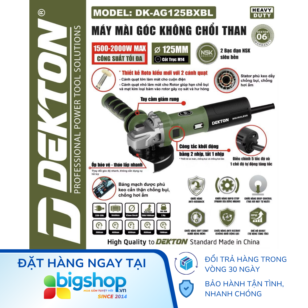 Máy mài góc DEKTON DK-AG125BXBL (CS 2000W, đĩa 125mm)