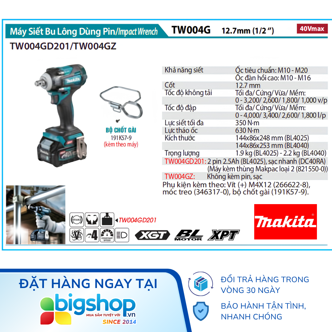Máy siết bulong dùng pin 40V Max MAKITA TW004GZ - Chưa bao gồm pin, sạc