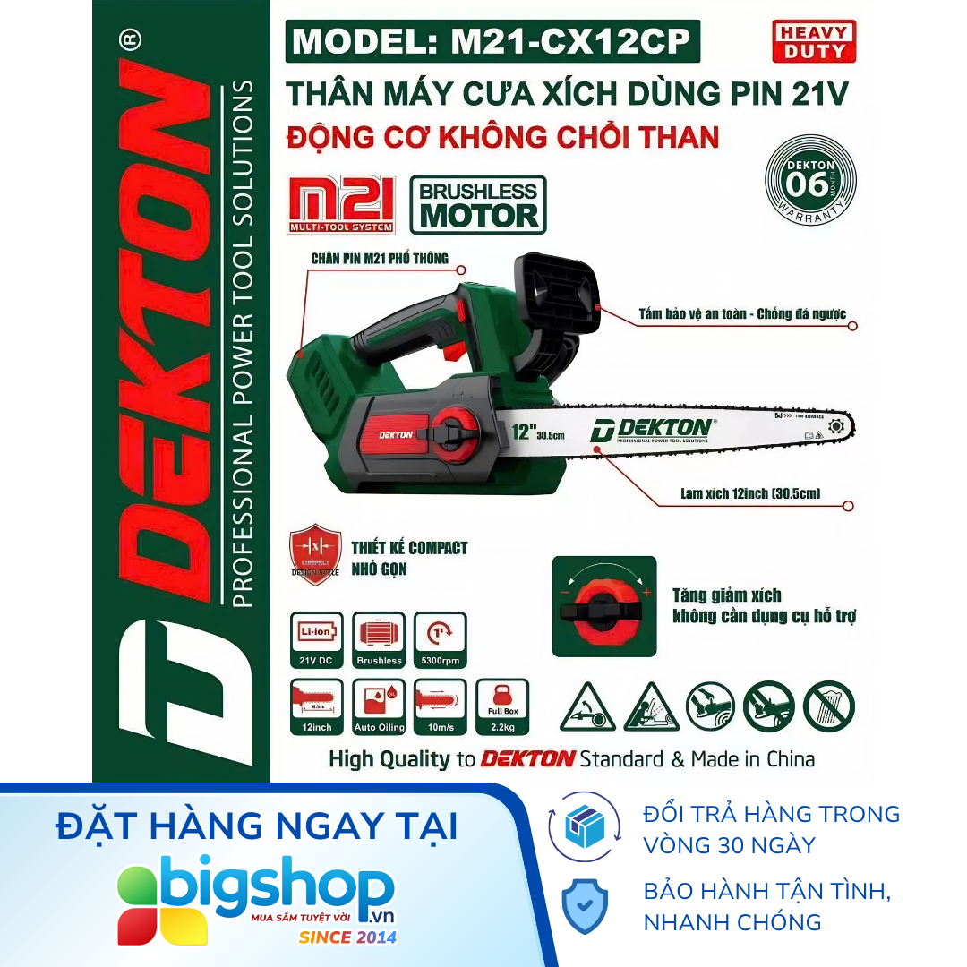 Máy cưa xích dùng pin 21V Dekton M21-CX12CP (12 inch, Chưa bao gồm pin, sạc)