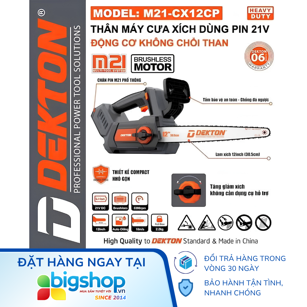 Máy cưa xích dùng pin 21V Dekton M21-CX12CP (12 inch, Chưa bao gồm pin, sạc)