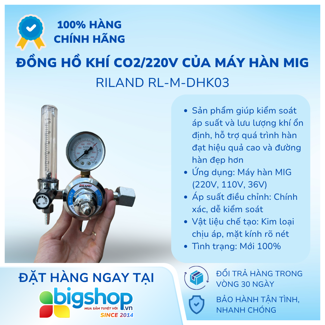Đồng hồ khí CO2/220V của máy hàn Mig Riland RL-M-DHK03