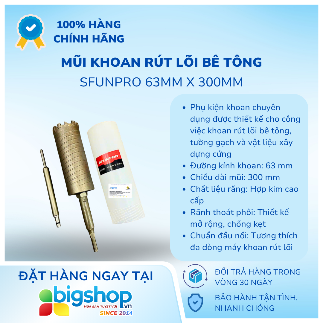 Mũi Khoan Rút Lõi Bê Tông SFUNPRO 63mm x 300mm