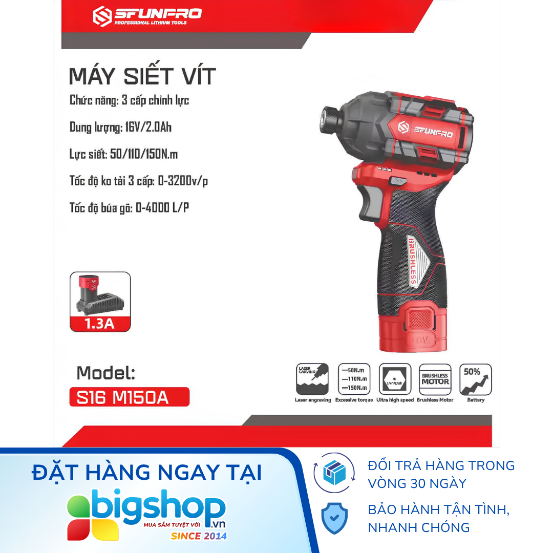 Máy siết vít dùng pin 16V SFUNPRO S16 M150A (150Nm) - 2 pin 2.0Ah và 1 sạc