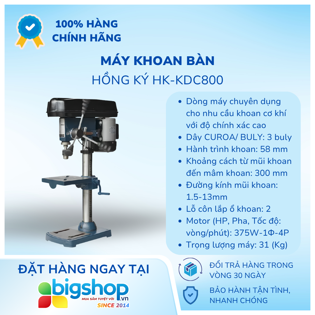 Máy khoan bàn Hồng Ký HK-KDC800 (0,8m mũi 1,5-13/16mm 3buly mũi côn 375W 220V)