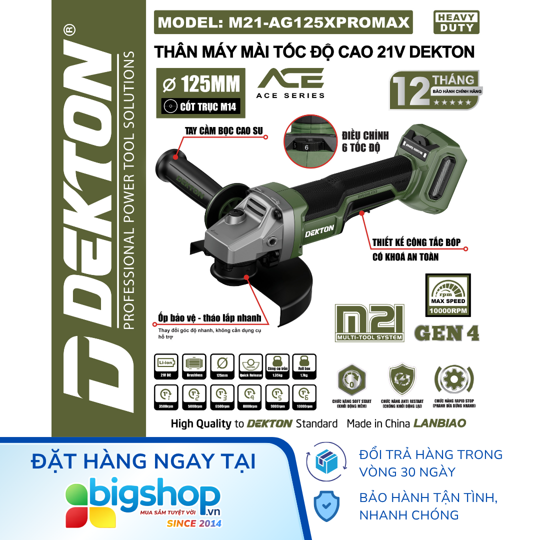 Máy mài góc dùng pin 21V DEKTON M21-AG125XPROMAX - Thân máy