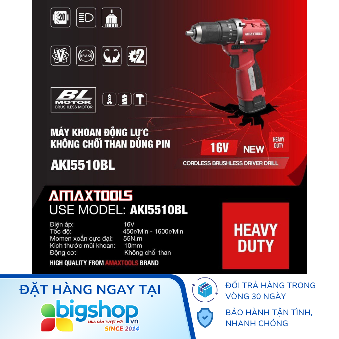 Máy khoan động lực dùng pin 16V AMAXTOOLS AKI5510BL (2 Pin 2.0Ah và 1 Sạc)