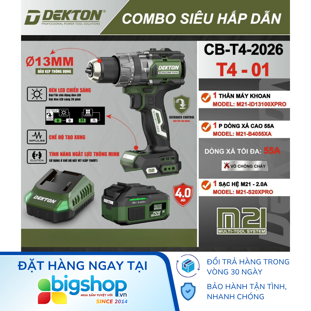 Combo máy khoan pin 3 chức năng DEKTON M21-ID13100XPRO (1 pin 4.0Ah M21-B4055A và 1 sạc M21-S20XPRO)