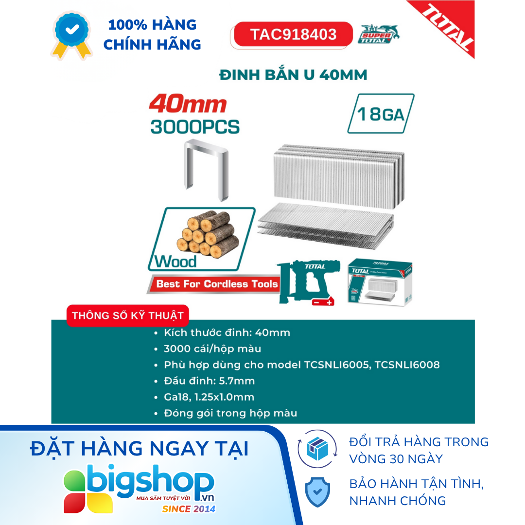Đinh bấm U 40mm TOTAL TAC918403 (3000 cái/hộp)