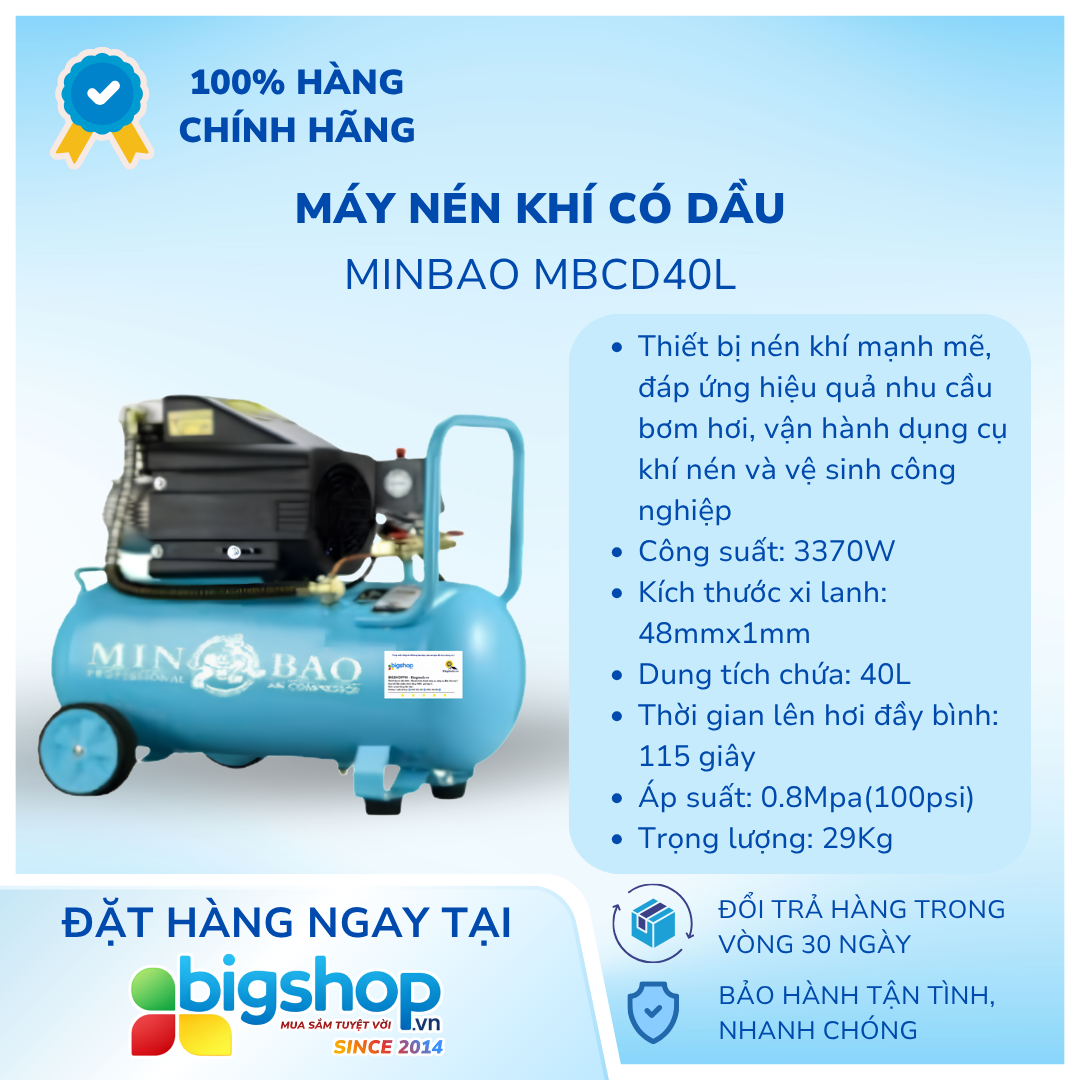 Máy nén khí có dầu 40L MINBAO MBCD40L (CS 3370W, motor 4.5HP)