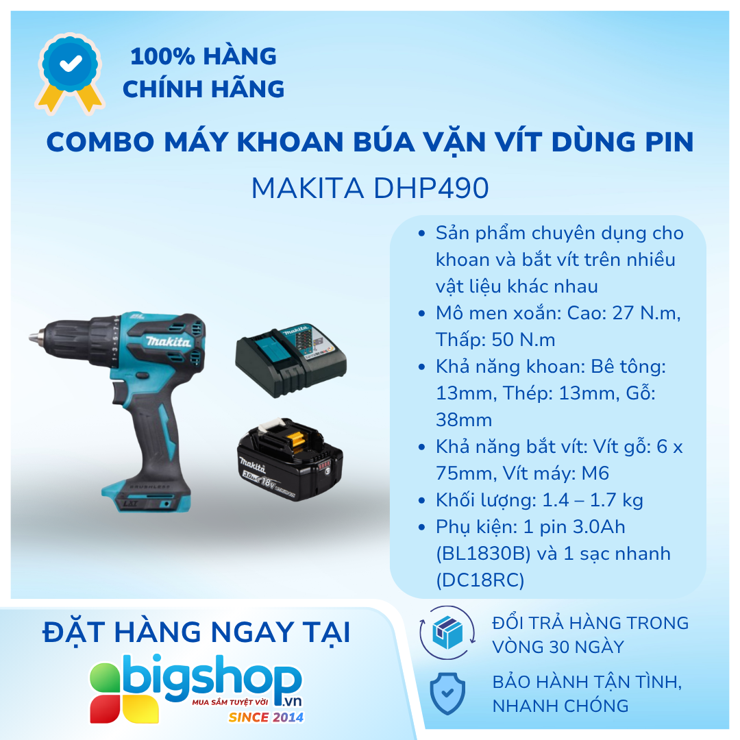 Combo máy khoan búa vặn vít dùng pin 18V MAKITA DHP490 (1 pin 3.0Ah và 1 sạc)