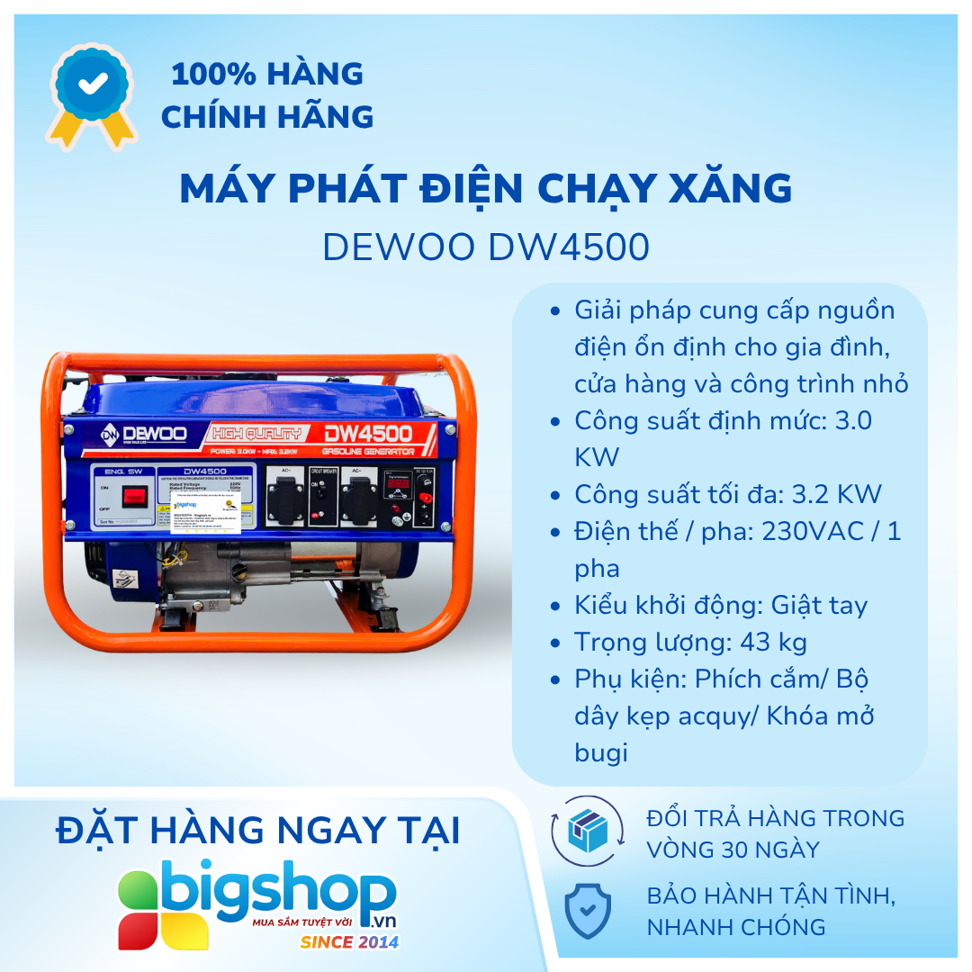 Máy phát điện chạy xăng 3.2KW Dewoo DW4500