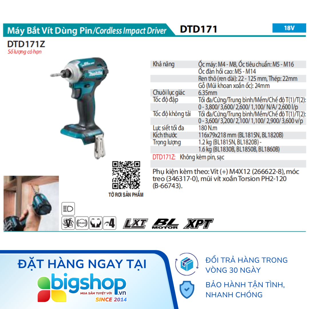 Máy vặn vít dùng pin 18V MAKITA DTD171Z (Thân máy)