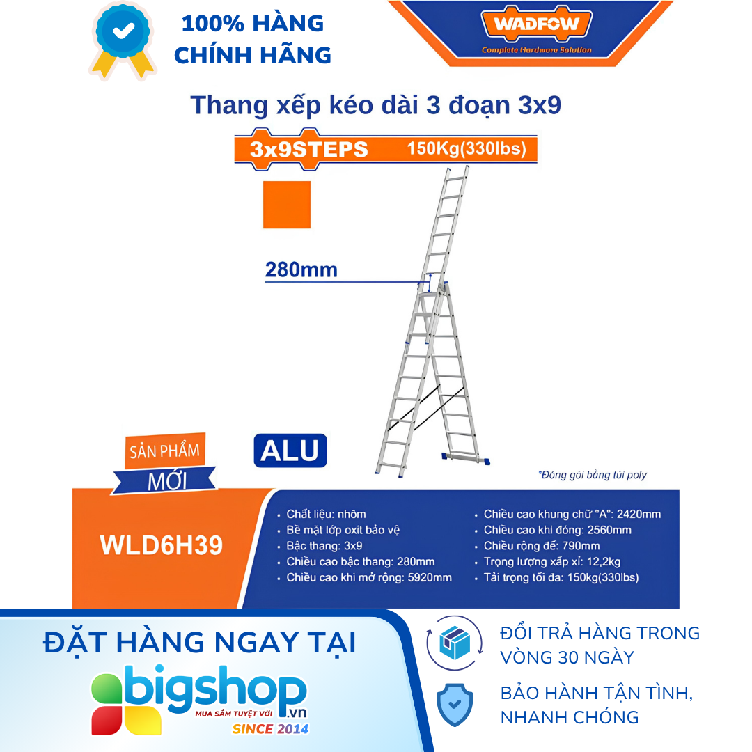 Thang xếp kéo dài 3 đoạn 3x9 bậc WADFOW WLD6H39