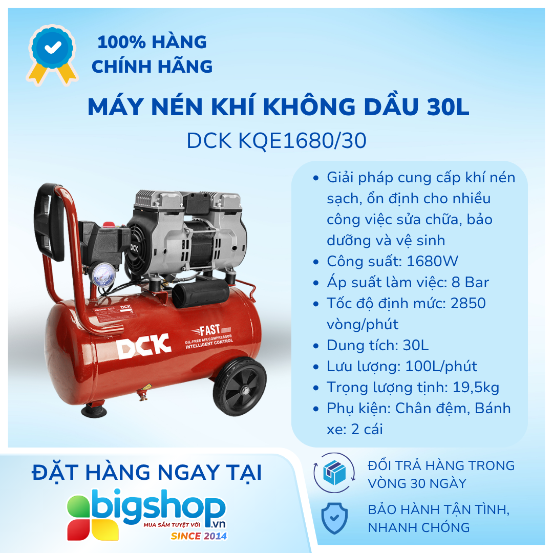 Máy nén khí không dầu 30L DCK KQE1680/30 (Công suất 1680W)