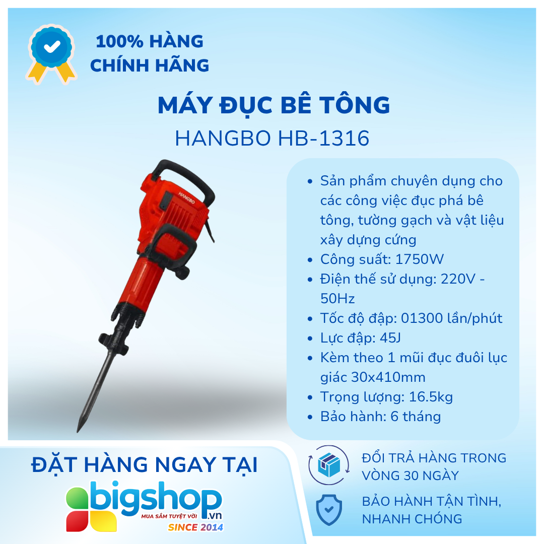 Máy đục bê tông Hangbo HB-1316 (Công suất 1750W)