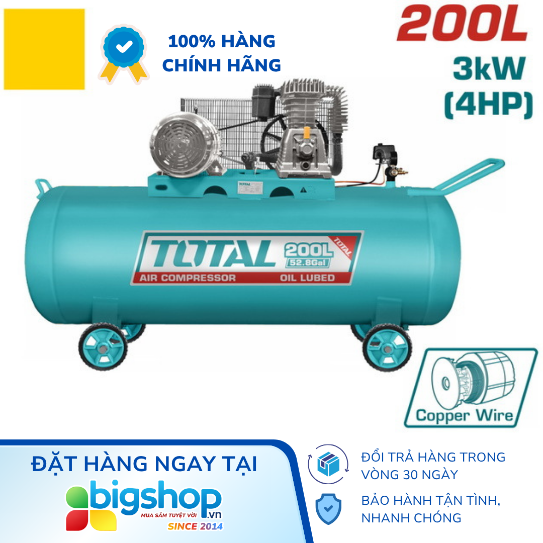 Máy nén khí dây curoa 200L TOTAL TC1402002 - Công suất 3.0kW (4HP)