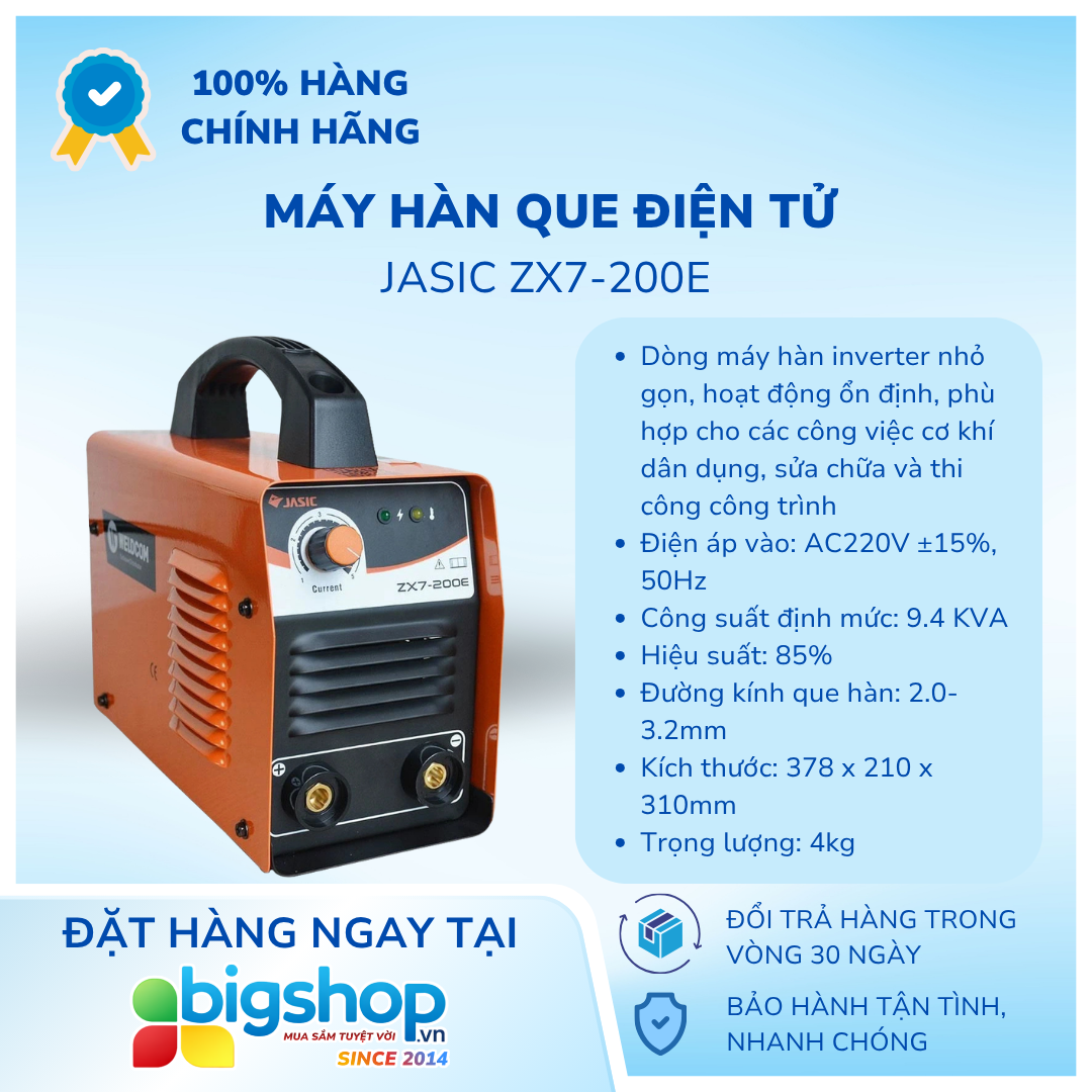 Máy hàn que điện tử JASIC ZX7-200E (CS 9.4KVA, dòng hàn 200A)