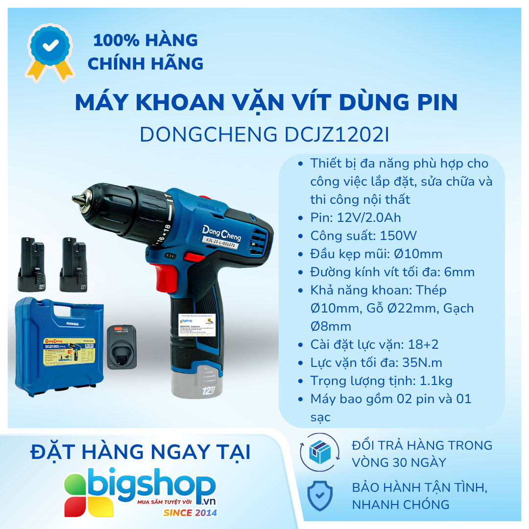 Máy khoan vặn vít dùng pin DONGCHENG DCJZ1202i (2 pin 2.0Ah và 1 sạc)