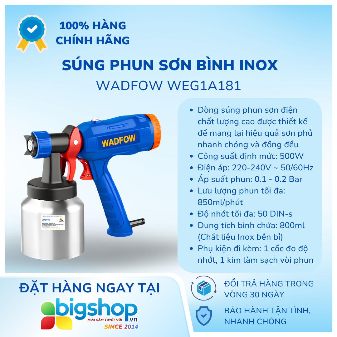 Súng phun sơn 500W WADFOW WEG1A181 (Bình inox 800ml)