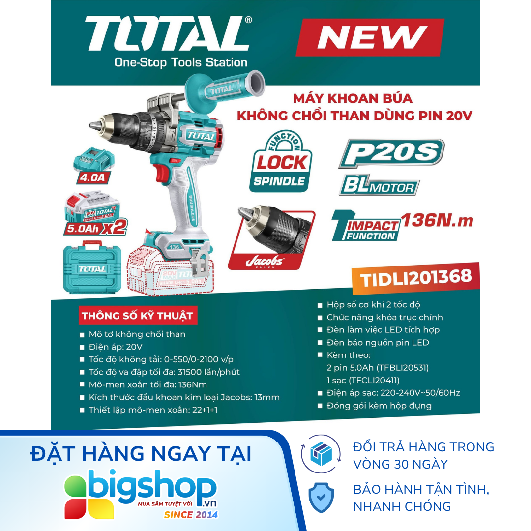 Máy khoan búa dùng pin 20V 136Nm TOTAL TIDLI201368 (2 pin 5.0Ah và 1 sạc)