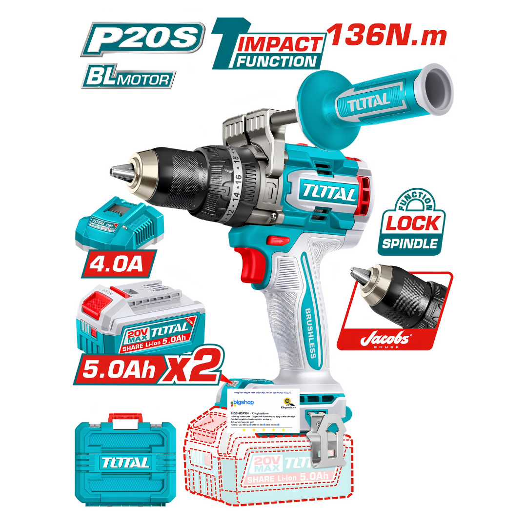 Máy khoan búa dùng pin 20V 136Nm TOTAL TIDLI201368 (2 pin 5.0Ah và 1 sạc)
