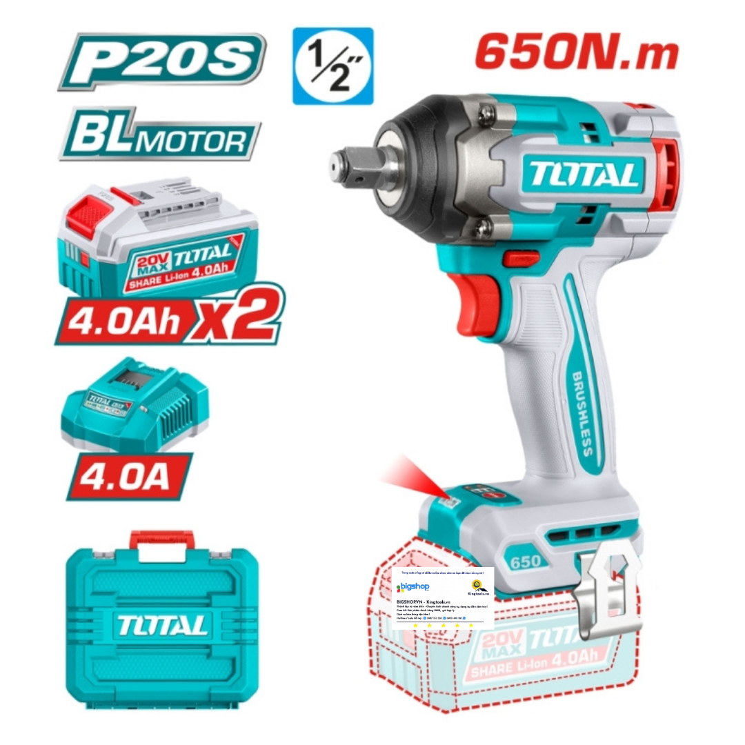 Máy siết bulong dùng pin 20V 650Nm TOTAL TIWLI2065 (2 pin 4.0Ah và 1 sạc)