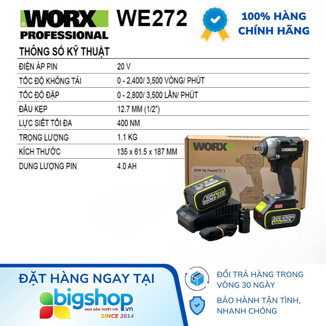 Máy siết bulong dùng pin 20V WORX WE272 (2 pin 4.0Ah và 1 sạc)
