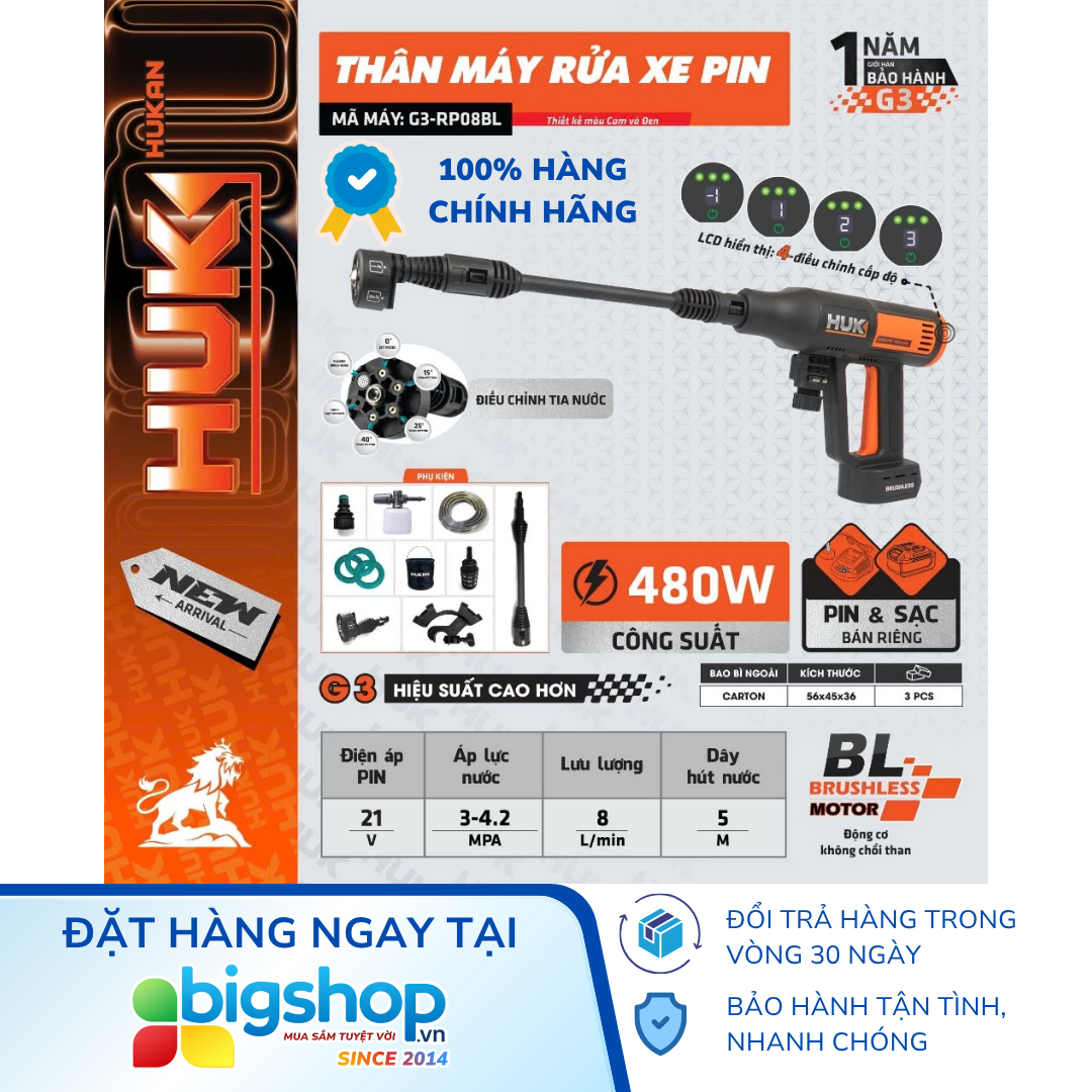 Máy rửa xe dùng pin 21V HUKAN G3-RP08BL (GEN 3) - Thân máy