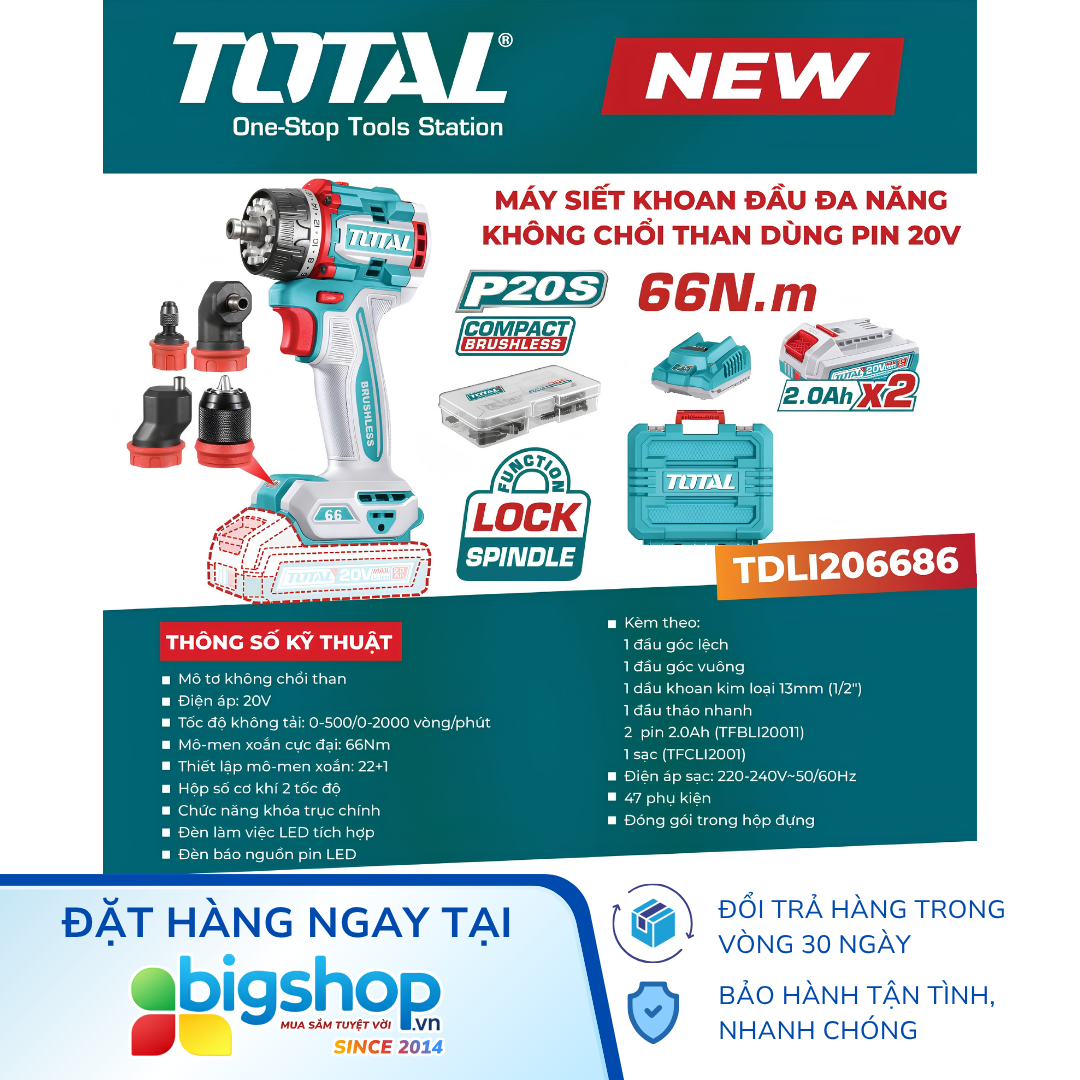 Máy siết khoan đầu đa năng dùng pin 20V TOTAL TDLI206686 (2 pin 2.0Ah và 1 sạc)