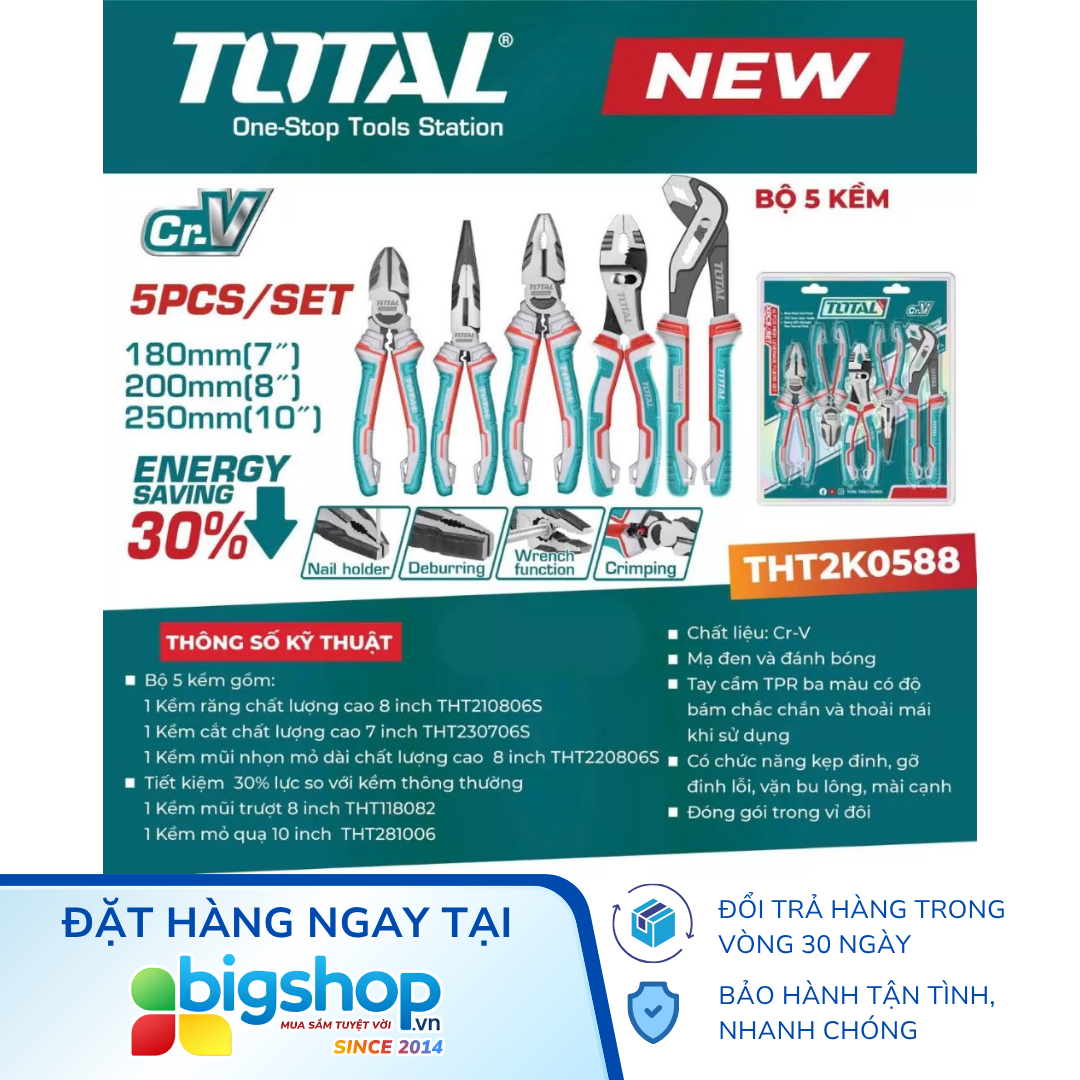 Bộ 5 kìm tay cầm TPR chuyên dụng TOTAL THT2K0588