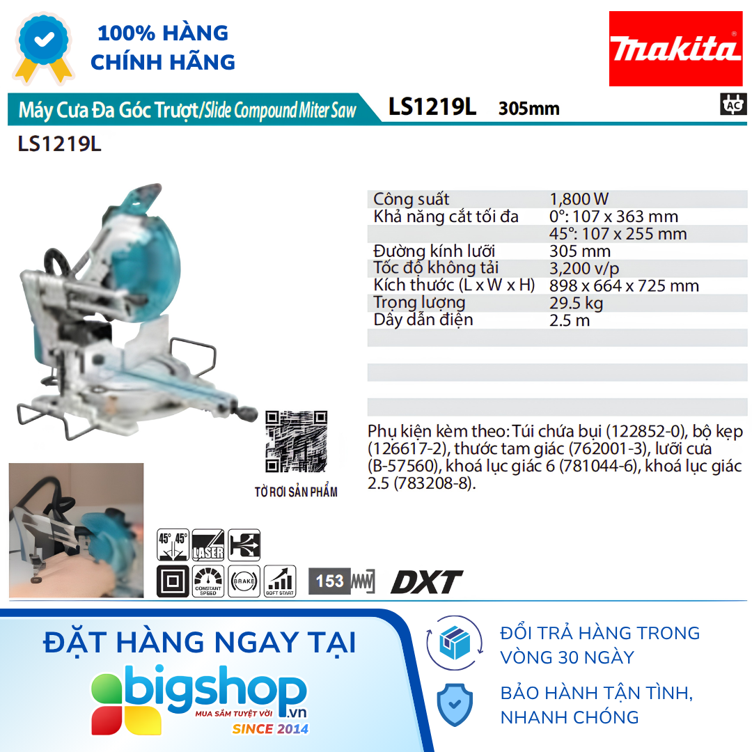 Máy cưa đa góc trượt MAKITA LS1219L (CS 1800W, 305mm)