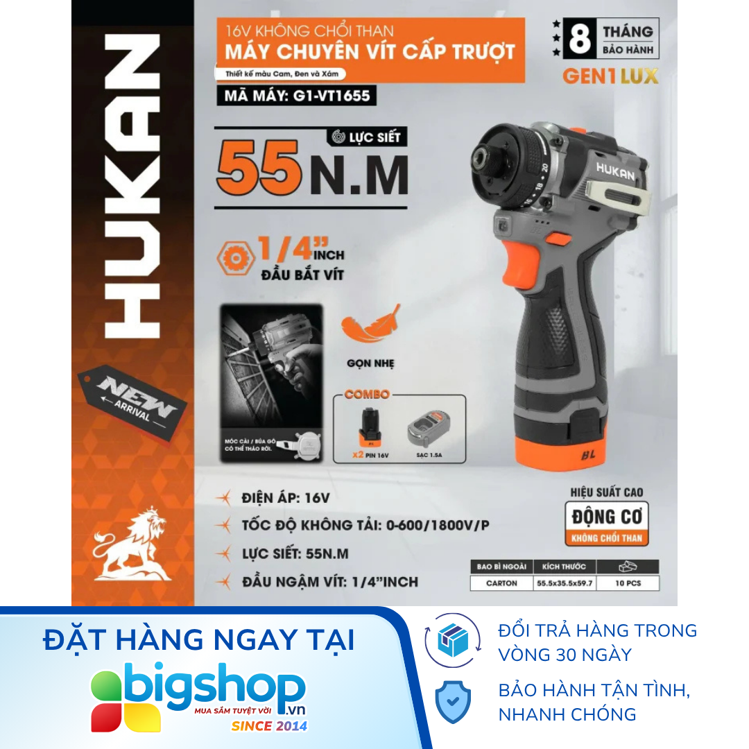 Máy chuyên vít cấp trượt dùng pin HUKAN G1-VT1655 (GEN 1) - Lực siết 55Nm