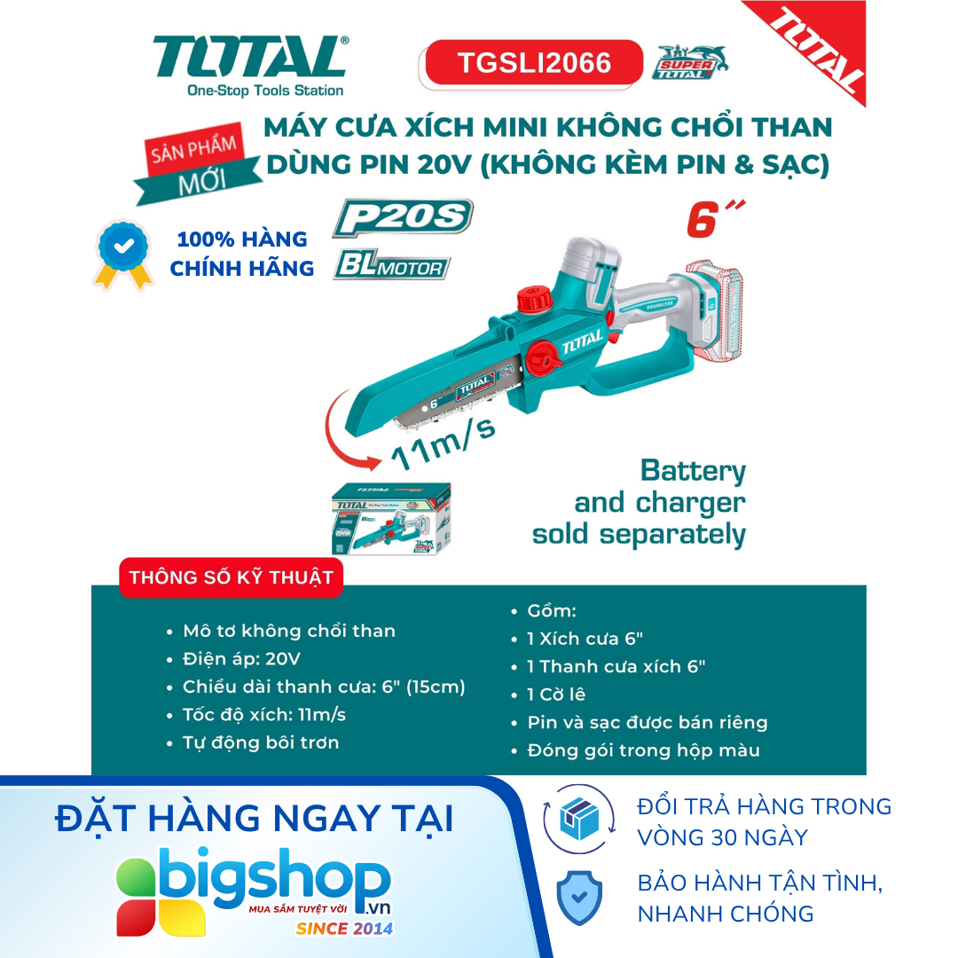 Máy cưa xích 6 inch dùng pin 20V TOTAL TGSLI2066 - Thân máy